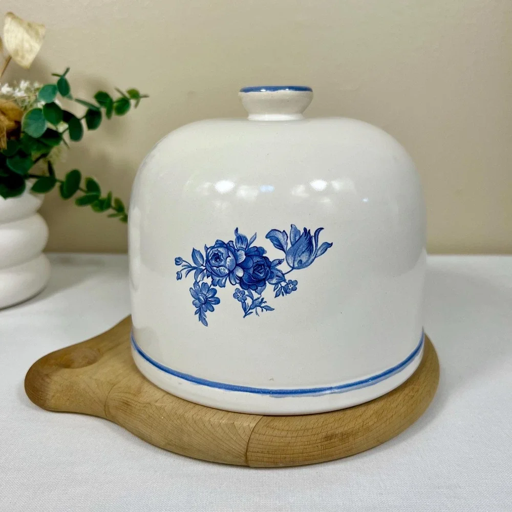 Vintage Porcelain Floral Cheese Ball Cover w/ Wood Base